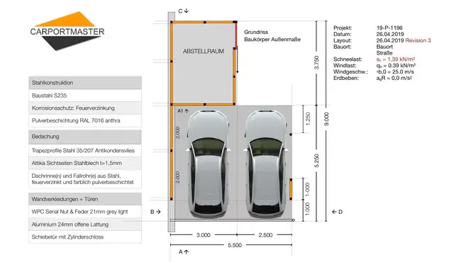 Carportmaster Carportplanung - Bauzeichnung - Grundriss