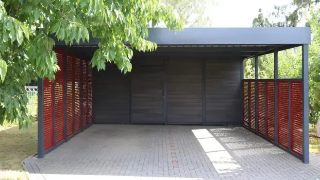 Doppelcarport mit Schuppen - Carportmaster Projekt 18-C-2116 - 17291 Prenzlau - Carportbild 01 - Carport verkleiden mit Lochblech