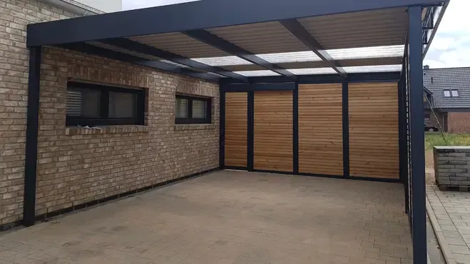 Doppelcarport mit Schuppen - Carportmaster Projekt 18-P-1951 - 27239 Twistringen - Carport-Design-Trend Nr. 3: Dachdeckung mit Lichtbahnen aus Polytrapez